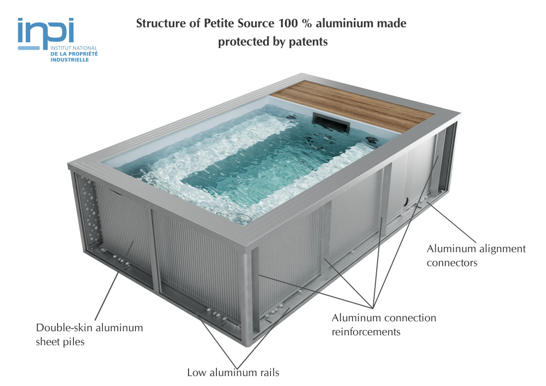 Patented characteristics of the aluminum structure for the Petite Source spa bath.